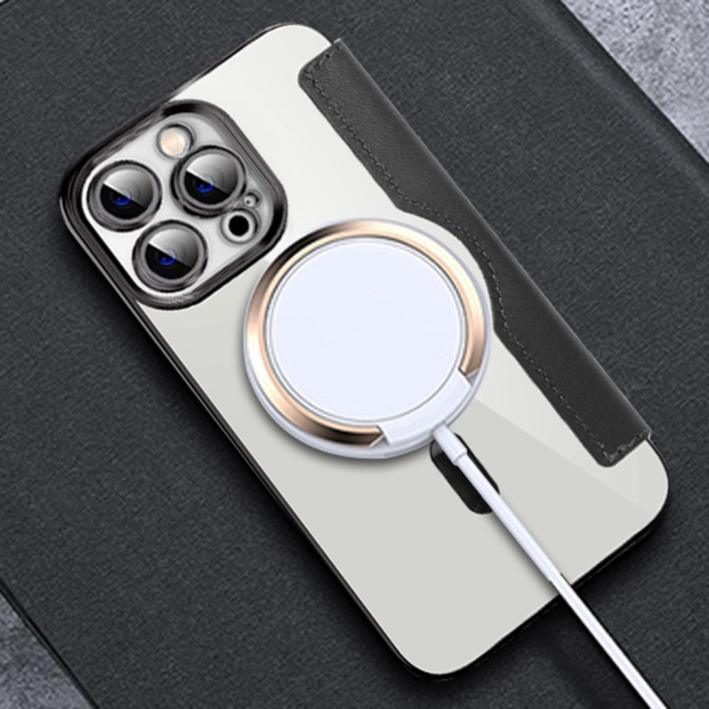 Phone Cover for iPhone 12 Pro Max 6.7 inch, Compatible with MagSafe RFID Blocking Card Slots Full Coverage PU Leather+TPU Electroplating Clear Back Flip Case with Lens Film
