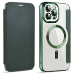 Phone Cover for iPhone 12 Pro Max 6.7 inch, Compatible with MagSafe RFID Blocking Card Slots Full Coverage PU Leather+TPU Electroplating Clear Back Flip Case with Lens Film