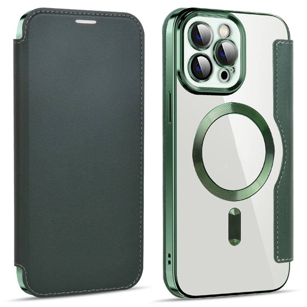 Phone Cover for iPhone 12 Pro Max 6.7 inch, Compatible with MagSafe RFID Blocking Card Slots Full Coverage PU Leather+TPU Electroplating Clear Back Flip Case with Lens Film
