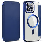 Phone Cover for iPhone 12 Pro Max 6.7 inch, Compatible with MagSafe RFID Blocking Card Slots Full Coverage PU Leather+TPU Electroplating Clear Back Flip Case with Lens Film