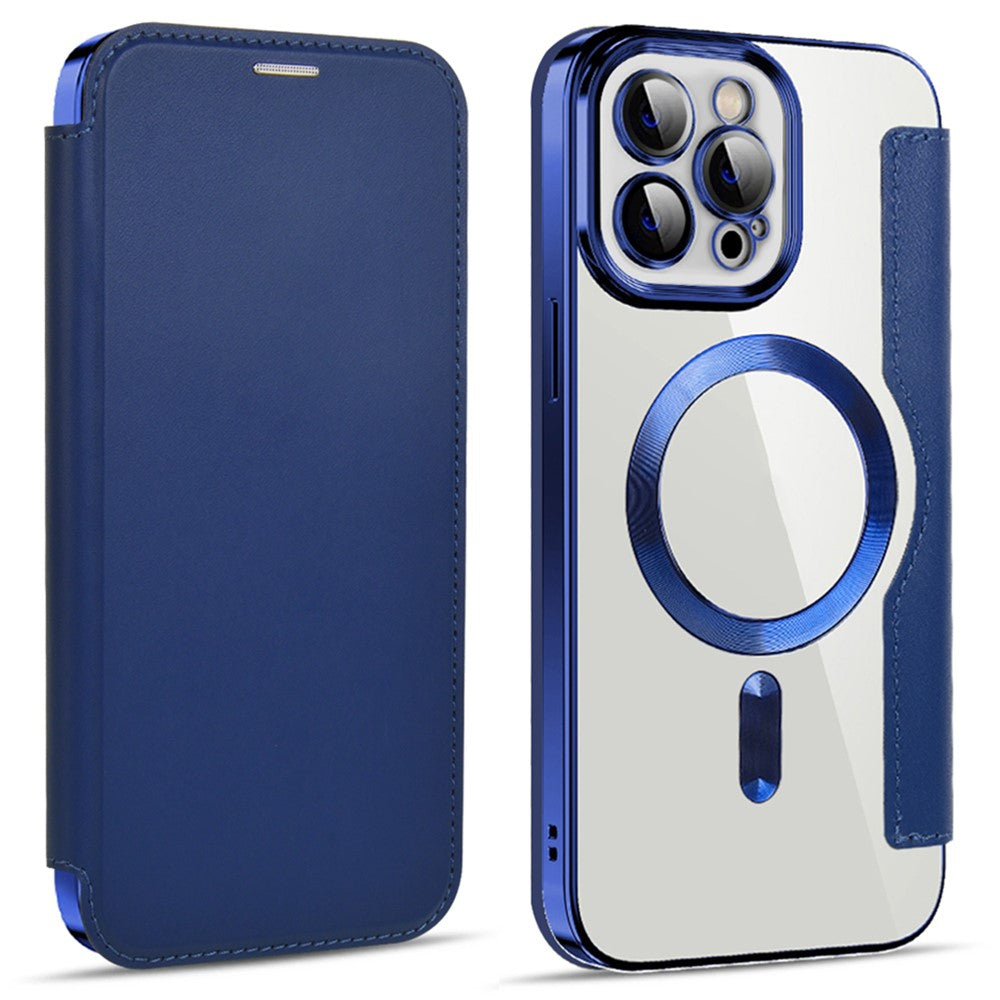 Phone Cover for iPhone 12 Pro Max 6.7 inch, Compatible with MagSafe RFID Blocking Card Slots Full Coverage PU Leather+TPU Electroplating Clear Back Flip Case with Lens Film