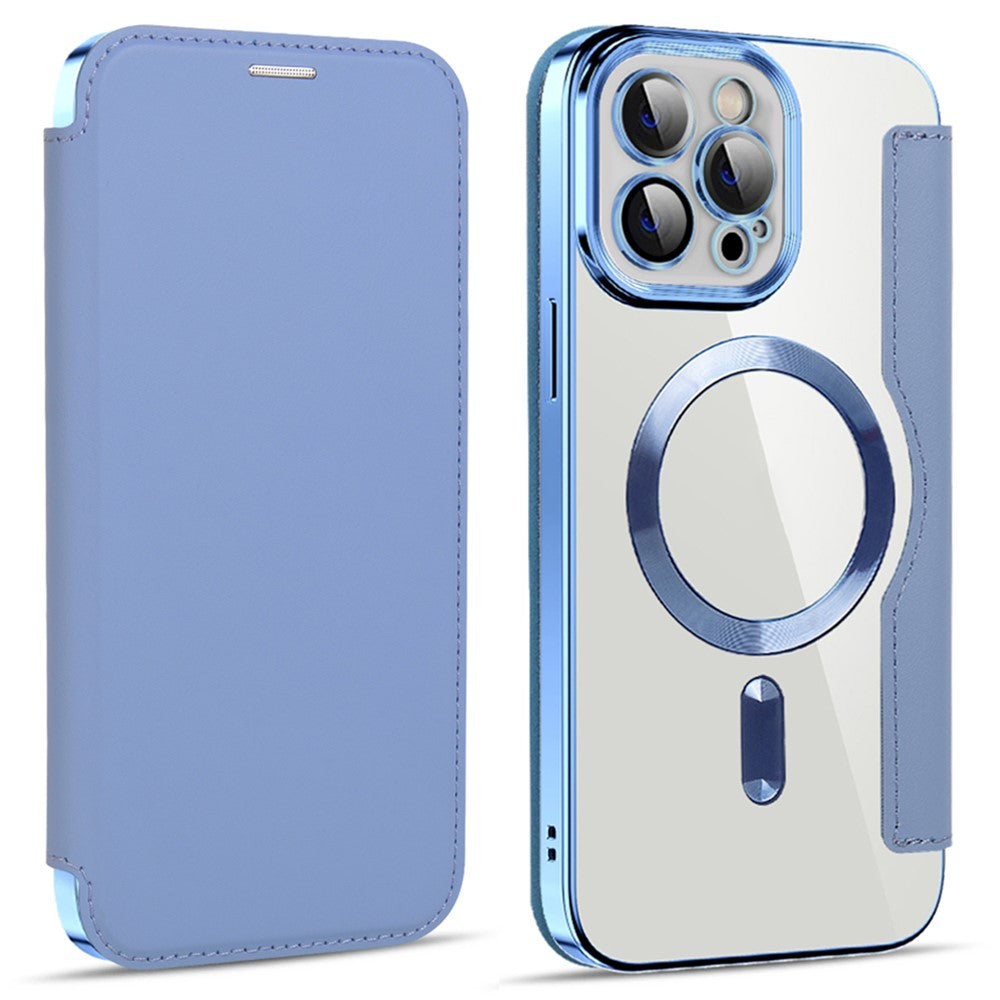 Phone Cover for iPhone 12 Pro Max 6.7 inch, Compatible with MagSafe RFID Blocking Card Slots Full Coverage PU Leather+TPU Electroplating Clear Back Flip Case with Lens Film