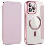 Phone Cover for iPhone 12 Pro Max 6.7 inch, Compatible with MagSafe RFID Blocking Card Slots Full Coverage PU Leather+TPU Electroplating Clear Back Flip Case with Lens Film