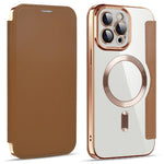 Phone Cover for iPhone 12 Pro Max 6.7 inch, Compatible with MagSafe RFID Blocking Card Slots Full Coverage PU Leather+TPU Electroplating Clear Back Flip Case with Lens Film
