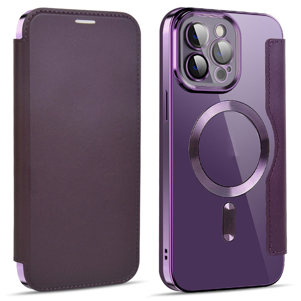 Phone Cover for iPhone 12 Pro Max 6.7 inch, Compatible with MagSafe RFID Blocking Card Slots Full Coverage PU Leather+TPU Electroplating Clear Back Flip Case with Lens Film
