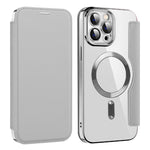 Phone Cover for iPhone 12 Pro Max 6.7 inch, Compatible with MagSafe RFID Blocking Card Slots Full Coverage PU Leather+TPU Electroplating Clear Back Flip Case with Lens Film