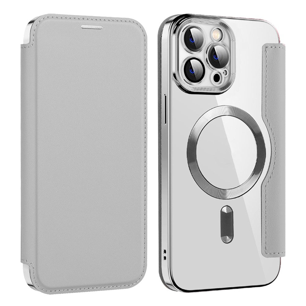 Phone Cover for iPhone 12 Pro Max 6.7 inch, Compatible with MagSafe RFID Blocking Card Slots Full Coverage PU Leather+TPU Electroplating Clear Back Flip Case with Lens Film