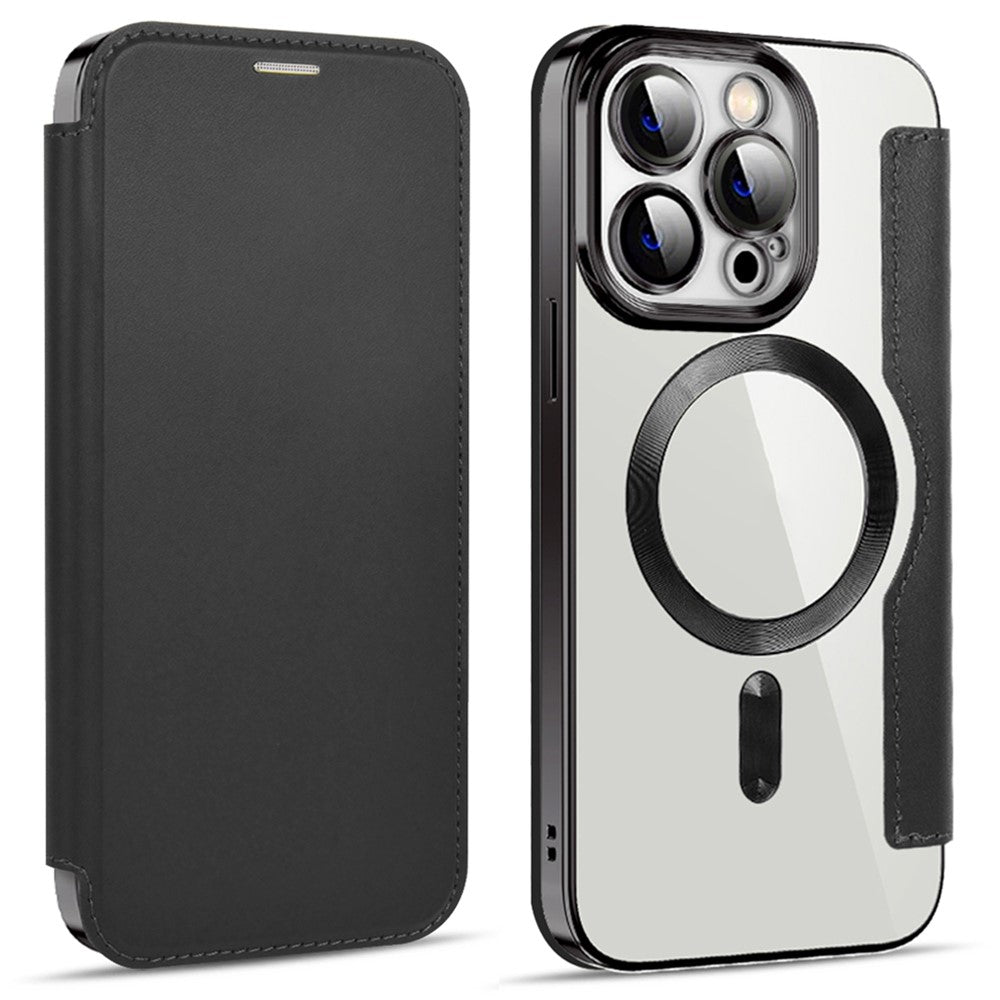 Telefoncover til iPhone 14 Pro, kompatibelt med MagSafe, RFID-blokerende kortpladser, fuldt indpakket PU-læder+TPU-galvanisering, klar bagside-flipcover med linsefilm