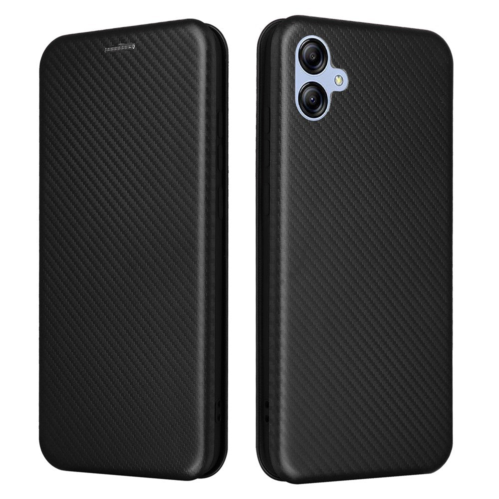 Samsung Galaxy A04e 4G / F04 4G / M04 4G Kolfibertextur Magnetiskt PU-läder mobilskal Korthållare Fullt Skyddande mobilflik