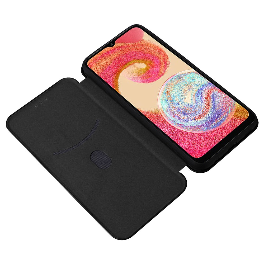 Samsung Galaxy A04e 4G / F04 4G / M04 4G Kolfibertextur Magnetiskt PU-läder mobilskal Korthållare Fullt Skyddande mobilflik
