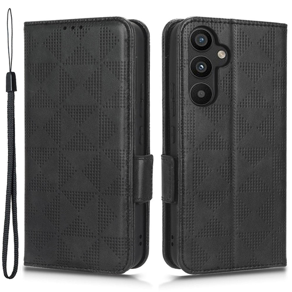 For Samsung Galaxy A34 5G Imprinted Triangle Pattern Phone Cover PU Leather Wallet Stand Cell Phone Case with Wrist Strap