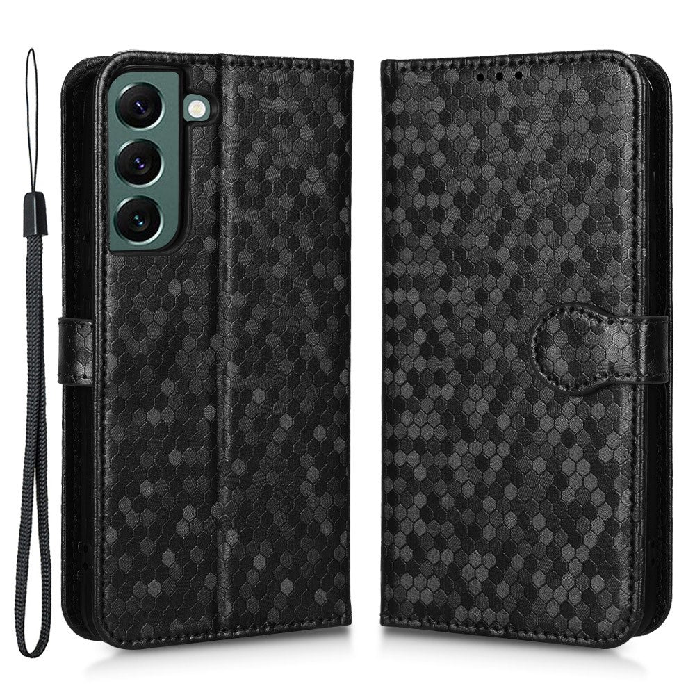 For Samsung Galaxy S23+ Mobile Phone Cover Dot Pattern Imprinted PU Leather Anti-Scratch Wallet Stand Case with Strap