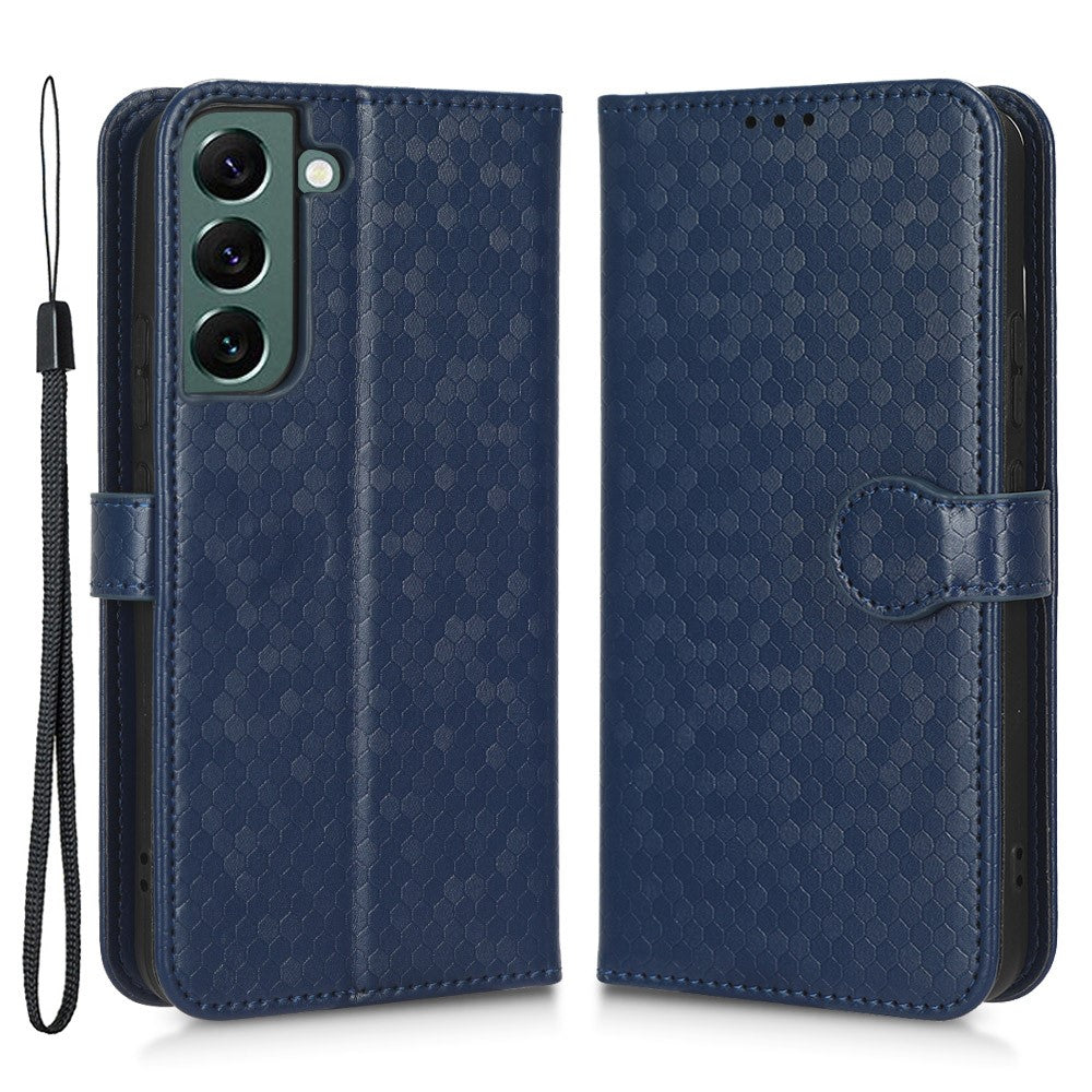 For Samsung Galaxy S23+ Mobile Phone Cover Dot Pattern Imprinted PU Leather Anti-Scratch Wallet Stand Case with Strap