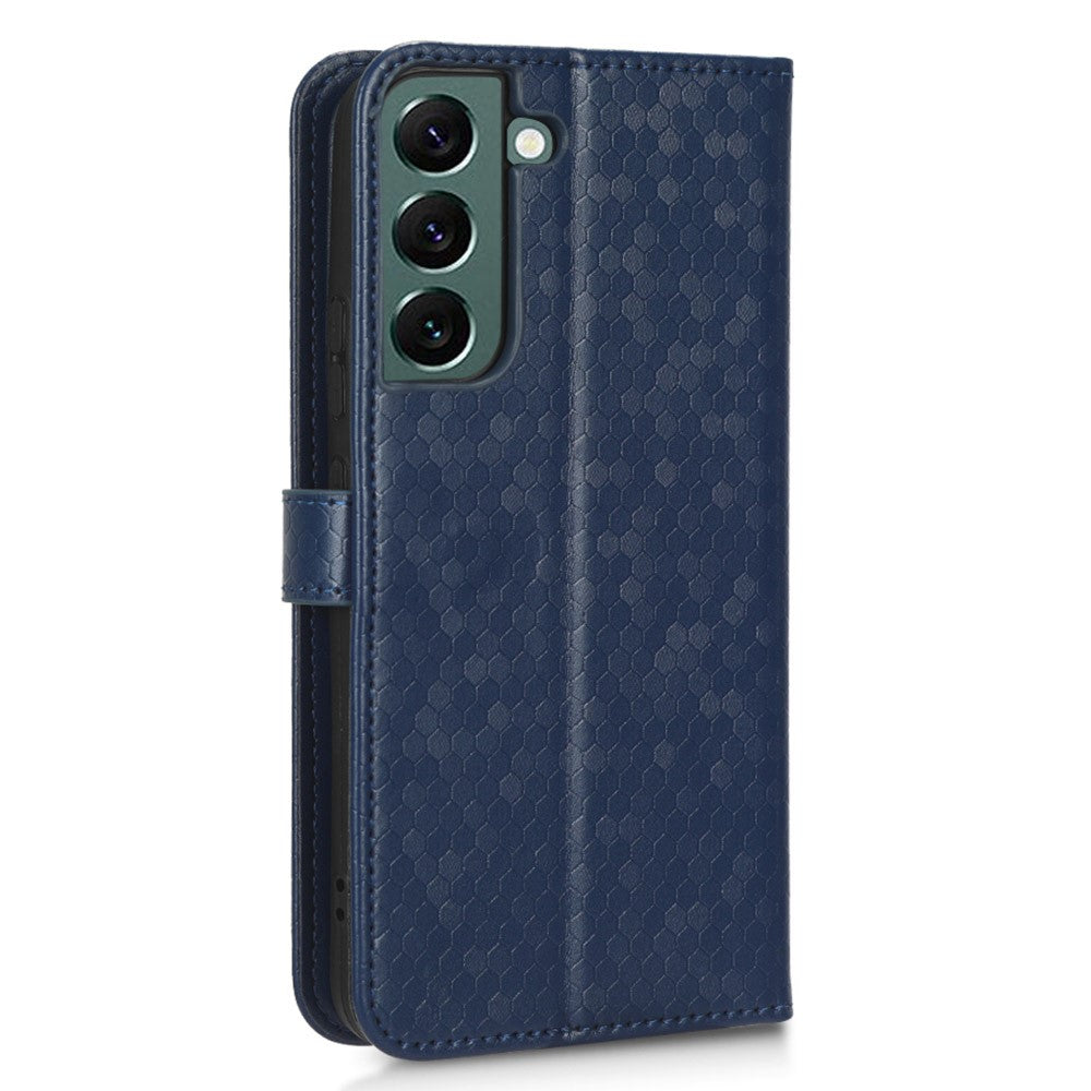 For Samsung Galaxy S23+ Mobile Phone Cover Dot Pattern Imprinted PU Leather Anti-Scratch Wallet Stand Case with Strap
