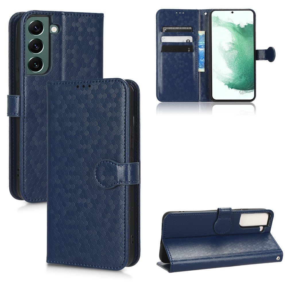 For Samsung Galaxy S23+ Mobile Phone Cover Dot Pattern Imprinted PU Leather Anti-Scratch Wallet Stand Case with Strap