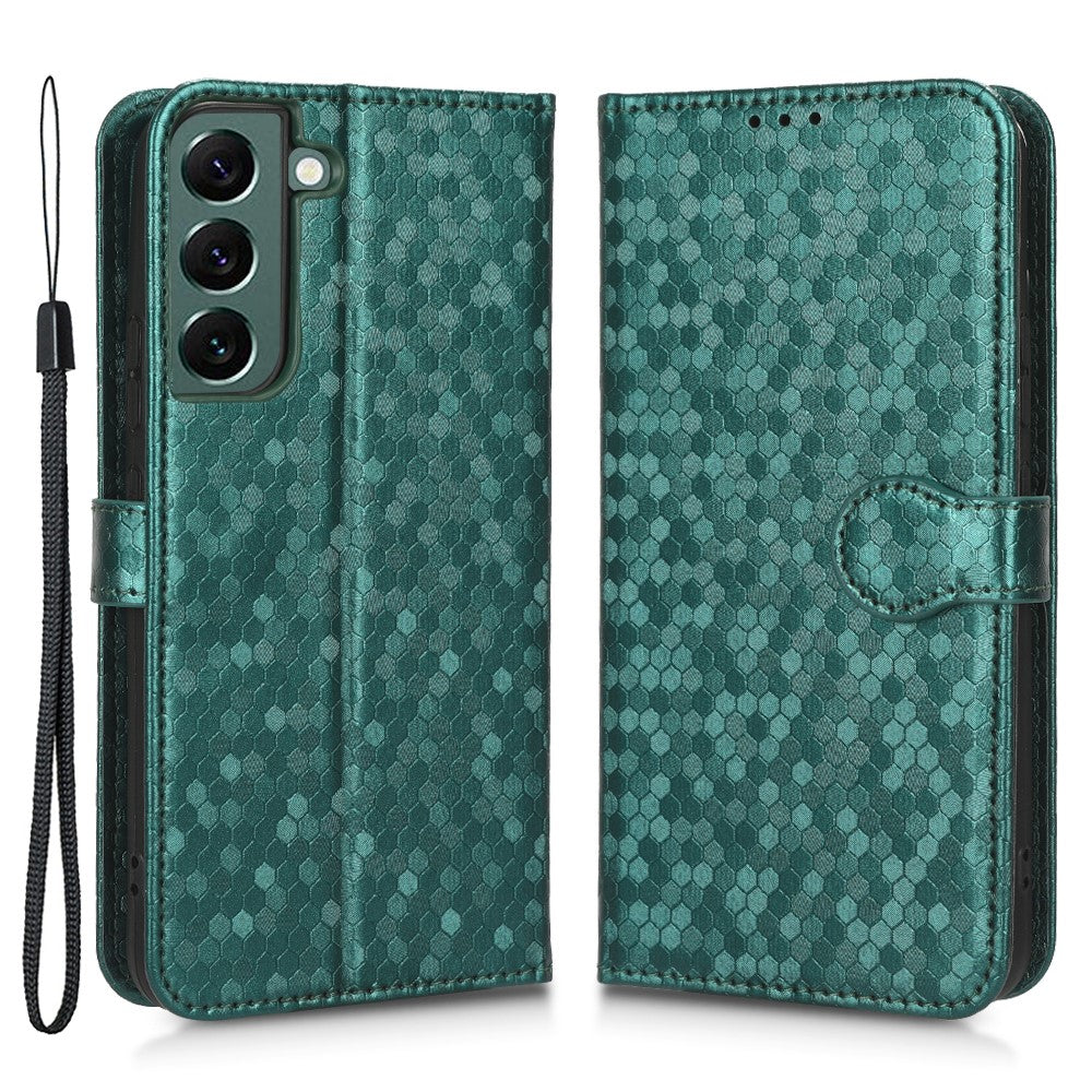 For Samsung Galaxy S23+ Mobile Phone Cover Dot Pattern Imprinted PU Leather Anti-Scratch Wallet Stand Case with Strap