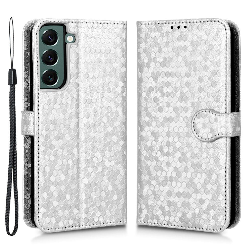 For Samsung Galaxy S23+ Mobile Phone Cover Dot Pattern Imprinted PU Leather Anti-Scratch Wallet Stand Case with Strap