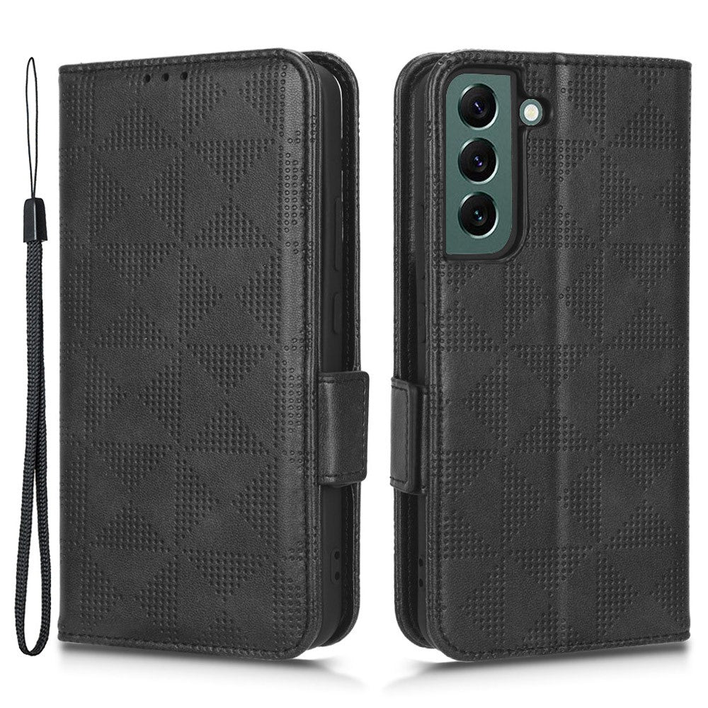 For Samsung Galaxy S23+ Cell Phone Case Imprinted Triangle Pattern Phone Cover PU Leather Wallet with Wrist Strap