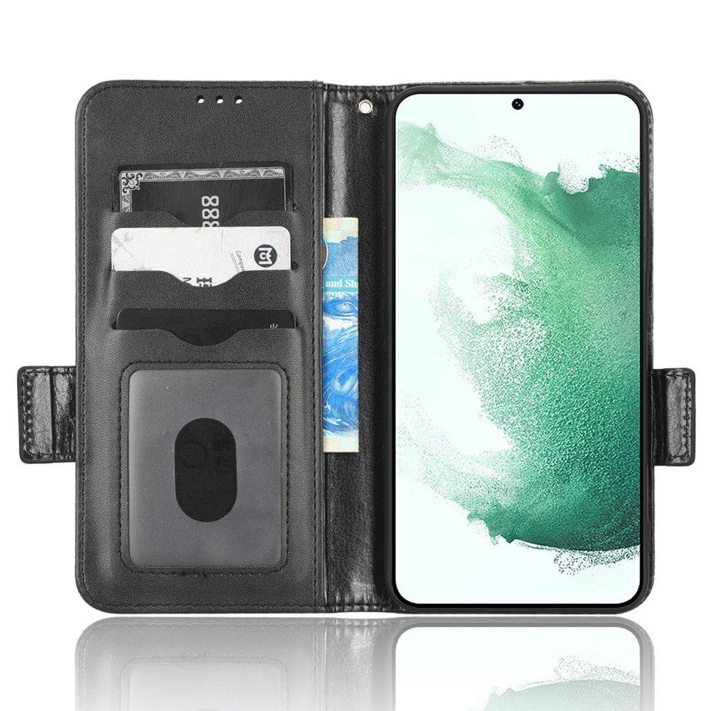 For Samsung Galaxy S23+ Cell Phone Case Imprinted Triangle Pattern Phone Cover PU Leather Wallet with Wrist Strap