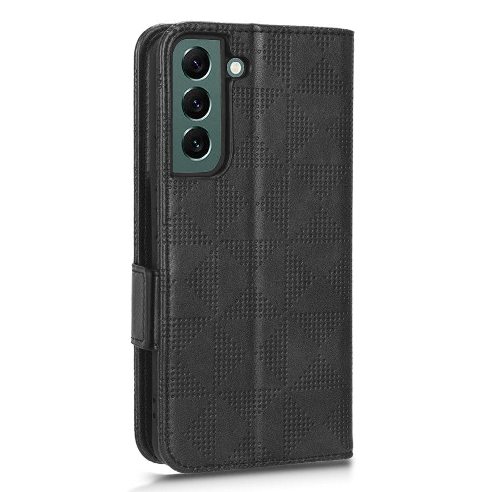 For Samsung Galaxy S23+ Cell Phone Case Imprinted Triangle Pattern Phone Cover PU Leather Wallet with Wrist Strap