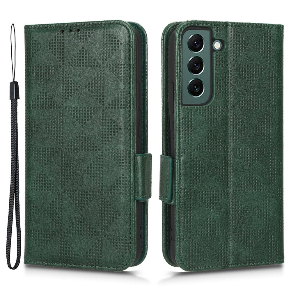 For Samsung Galaxy S23+ Cell Phone Case Imprinted Triangle Pattern Phone Cover PU Leather Wallet with Wrist Strap