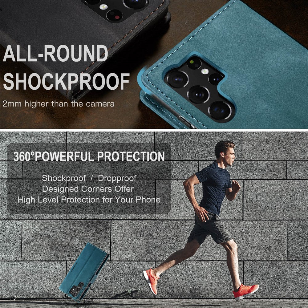 CASEME 013-serien til Samsung Galaxy S23 Ultra Stativfunktion Fuldindpakket PU-læderpungcover Magnetisk automatisk absorberende telefoncover