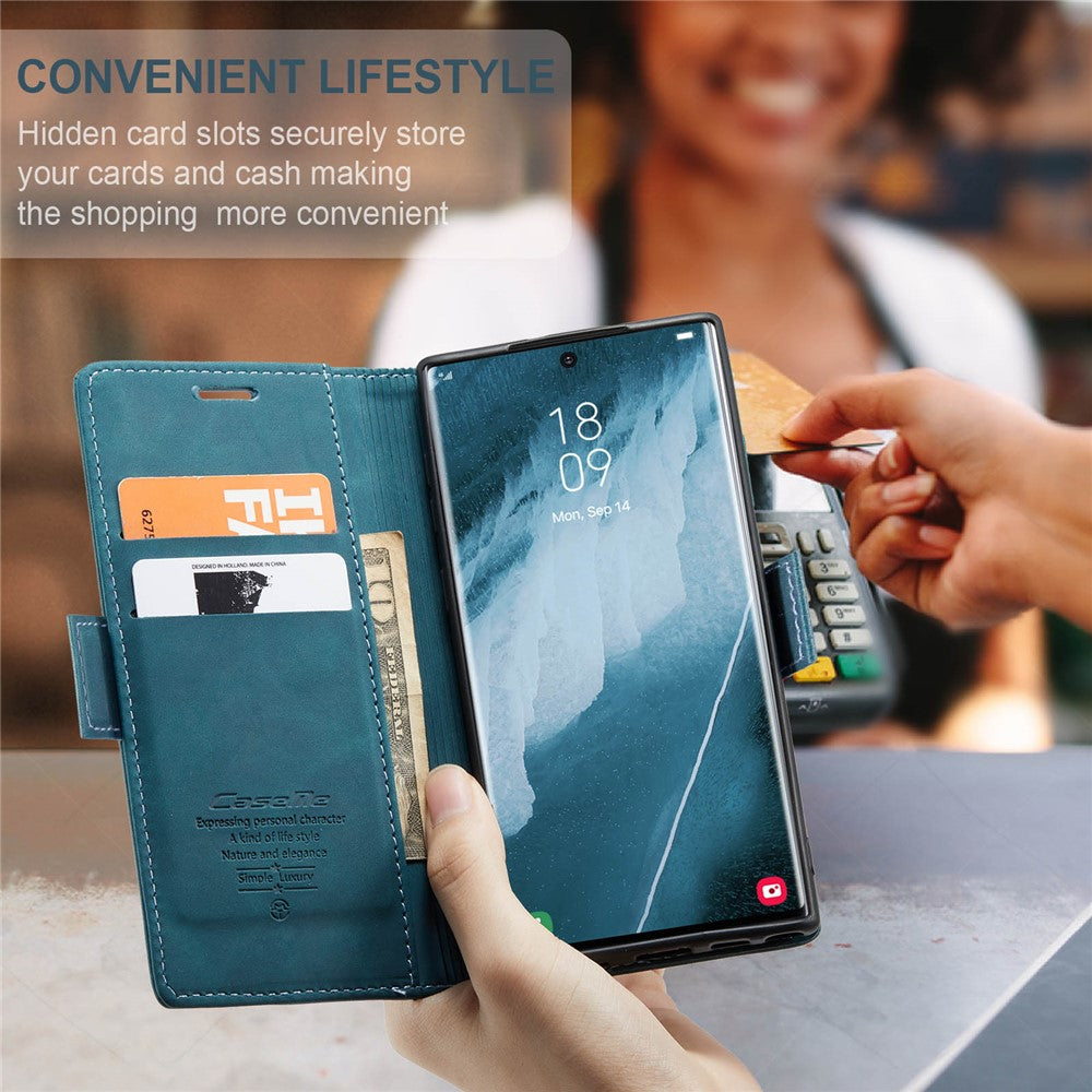 CASEME 013-serien til Samsung Galaxy S23 Ultra Stativfunktion Fuldindpakket PU-læderpungcover Magnetisk automatisk absorberende telefoncover