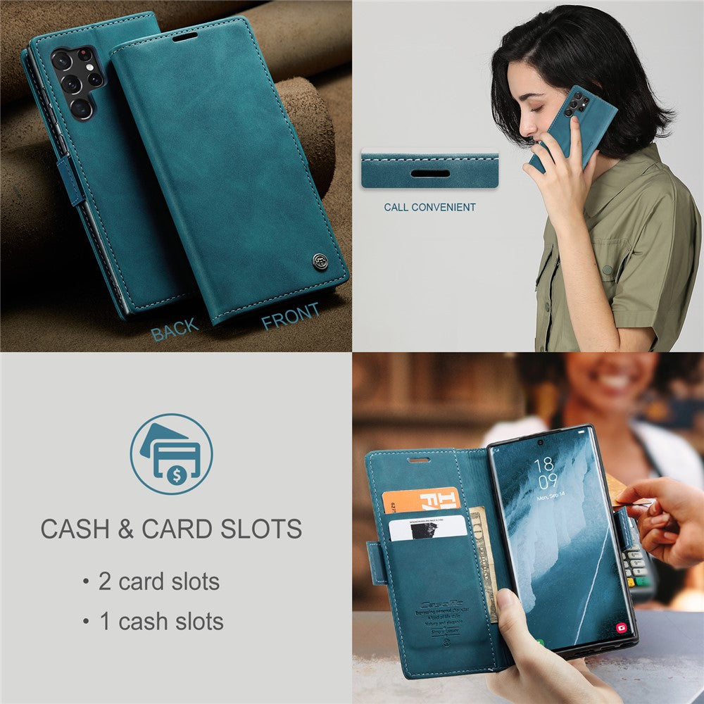 CASEME 013-serien til Samsung Galaxy S23 Ultra Stativfunktion Fuldindpakket PU-læderpungcover Magnetisk automatisk absorberende telefoncover