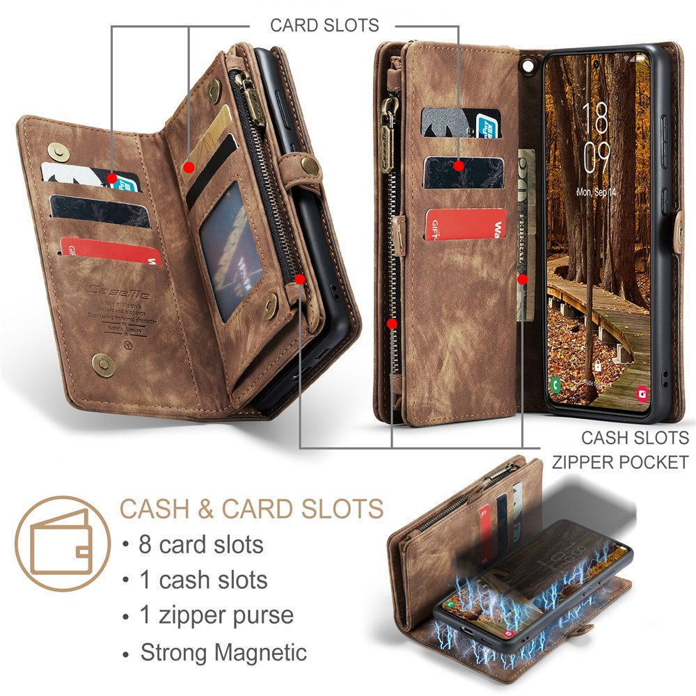 CASEME 008 Series for Samsung Galaxy S23 Multi-Functional PU Leather Foldable Stand Cover Detachable Magnetic Zipper Wallet Case
