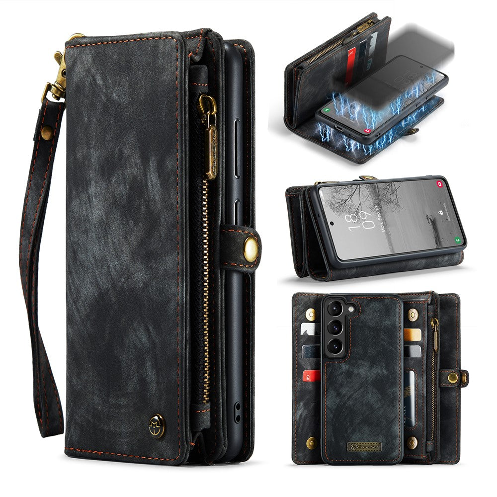 CASEME 008-serien för Samsung Galaxy S23+ multifunktionellt PU-läder handsfree-stativ fällbart fodral med avtagbart magnetiskt dragkedja plånboksfodral