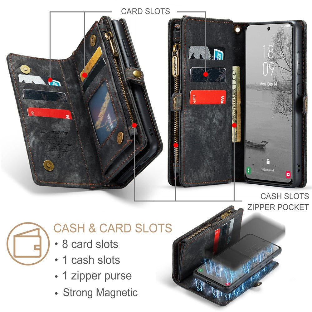 CASEME 008-serien för Samsung Galaxy S23+ multifunktionellt PU-läder handsfree-stativ fällbart fodral med avtagbart magnetiskt dragkedja plånboksfodral
