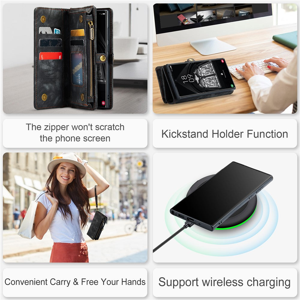 CASEME multifunktionelt justerbart folio-etui i PU-læder med stativ, foldbart, aftageligt, magnetisk, med lynlås og pung, 008-serien, til Samsung Galaxy S23 Ultra