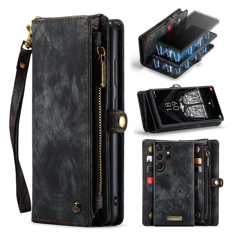 CASEME multifunktionelt justerbart folio-etui i PU-læder med stativ, foldbart, aftageligt, magnetisk, med lynlås og pung, 008-serien, til Samsung Galaxy S23 Ultra