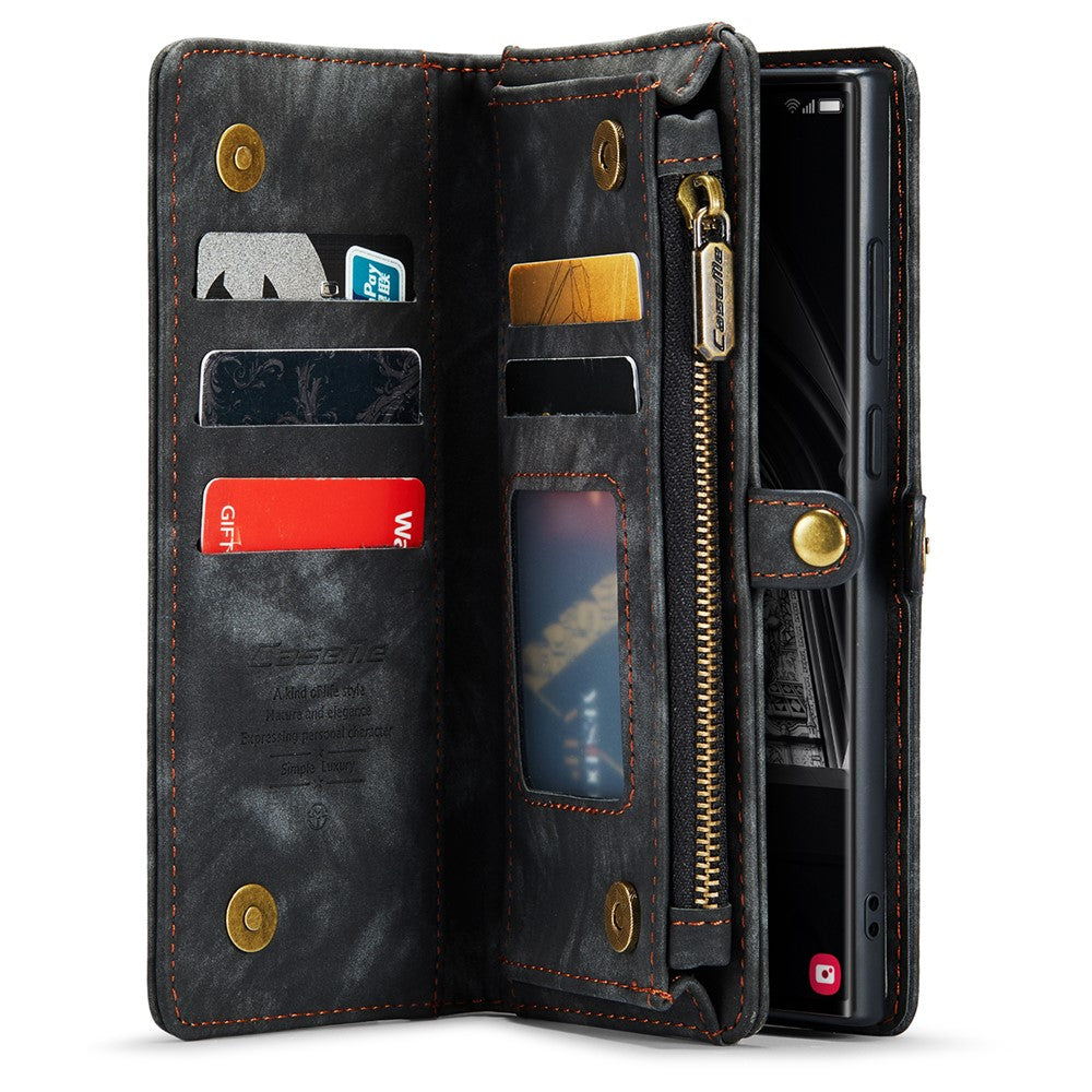 CASEME multifunktionelt justerbart folio-etui i PU-læder med stativ, foldbart, aftageligt, magnetisk, med lynlås og pung, 008-serien, til Samsung Galaxy S23 Ultra