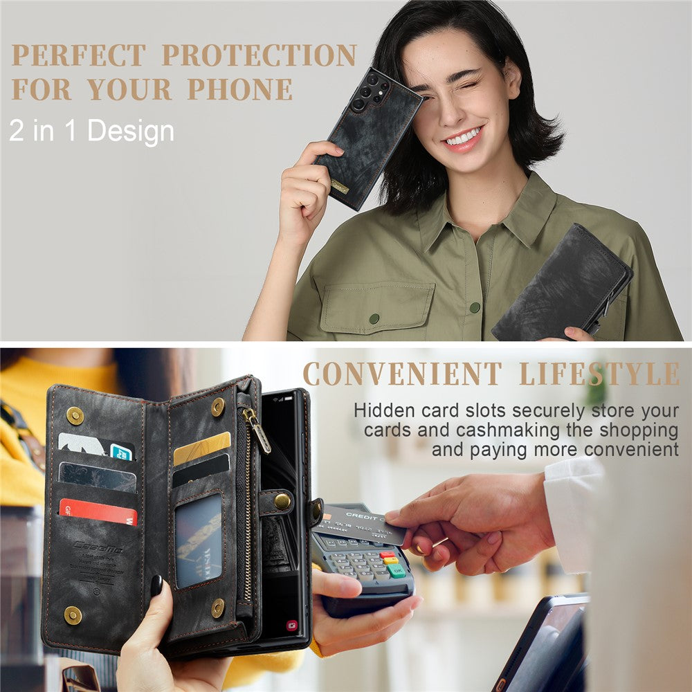 CASEME multifunktionelt justerbart folio-etui i PU-læder med stativ, foldbart, aftageligt, magnetisk, med lynlås og pung, 008-serien, til Samsung Galaxy S23 Ultra