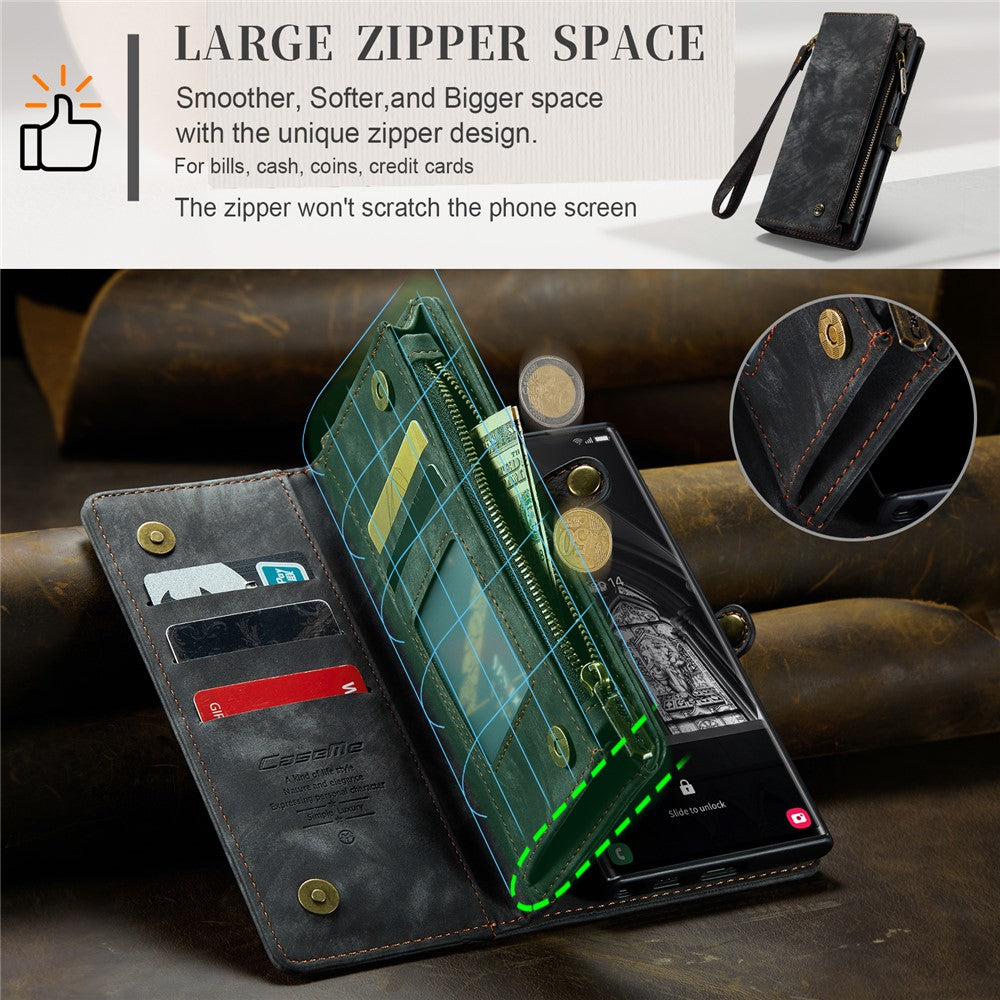 CASEME multifunktionelt justerbart folio-etui i PU-læder med stativ, foldbart, aftageligt, magnetisk, med lynlås og pung, 008-serien, til Samsung Galaxy S23 Ultra