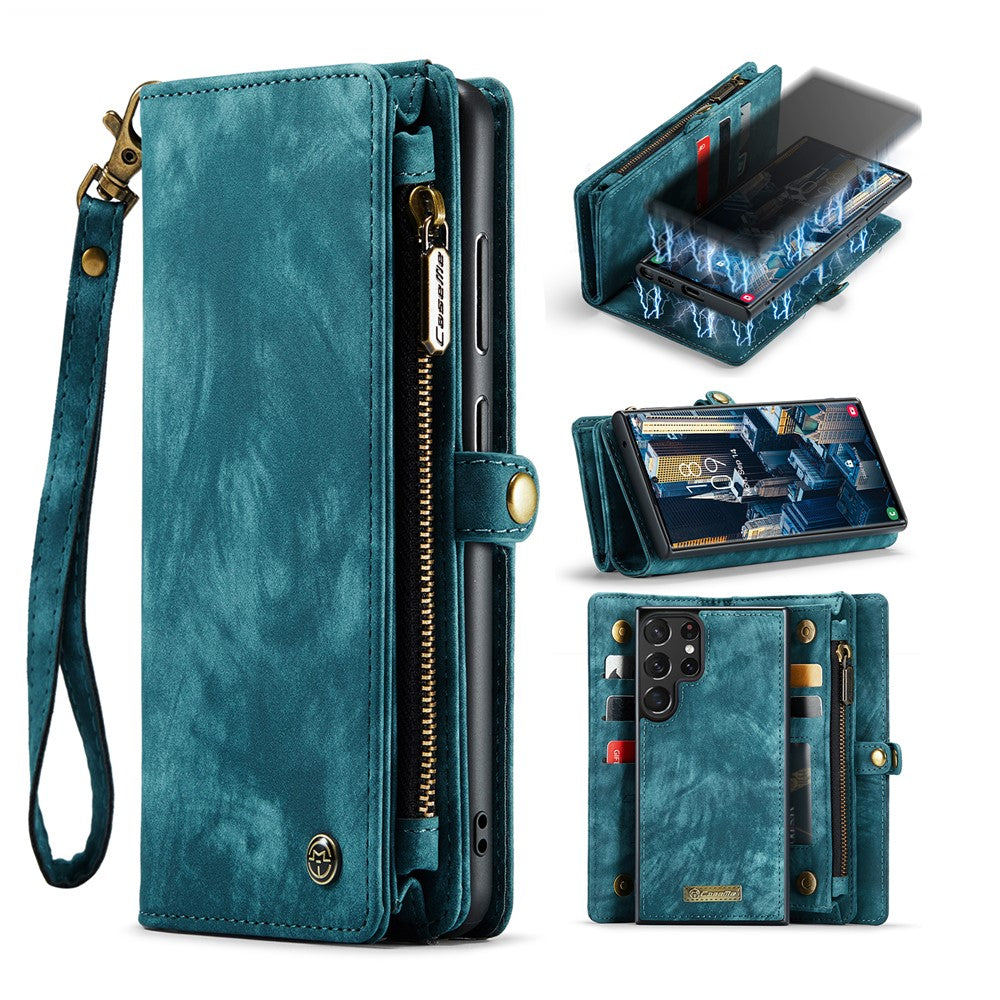 CASEME multifunktionelt justerbart folio-etui i PU-læder med stativ, foldbart, aftageligt, magnetisk, med lynlås og pung, 008-serien, til Samsung Galaxy S23 Ultra