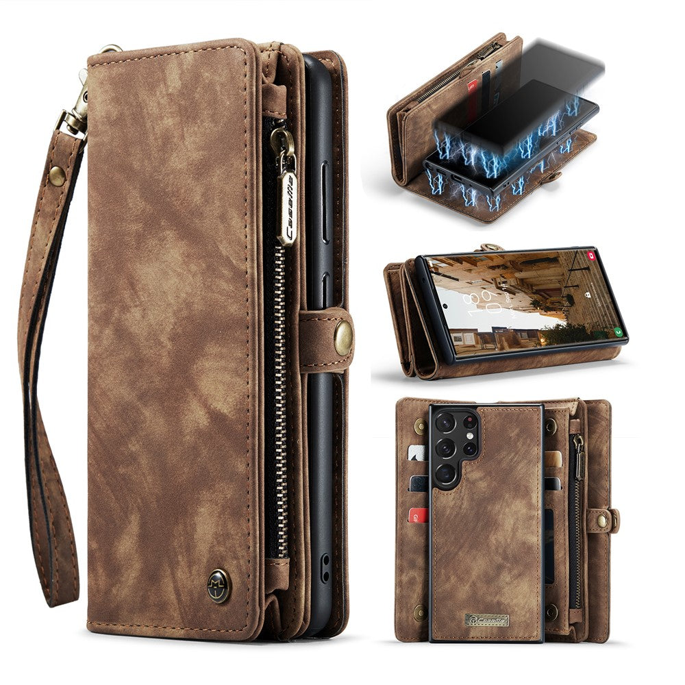 CASEME 008-serien för Samsung Galaxy S23 Ultra multifunktionellt PU-läder justerbart stativ fällbart fodral avtagbart magnetiskt dragkedja plånboksfodral