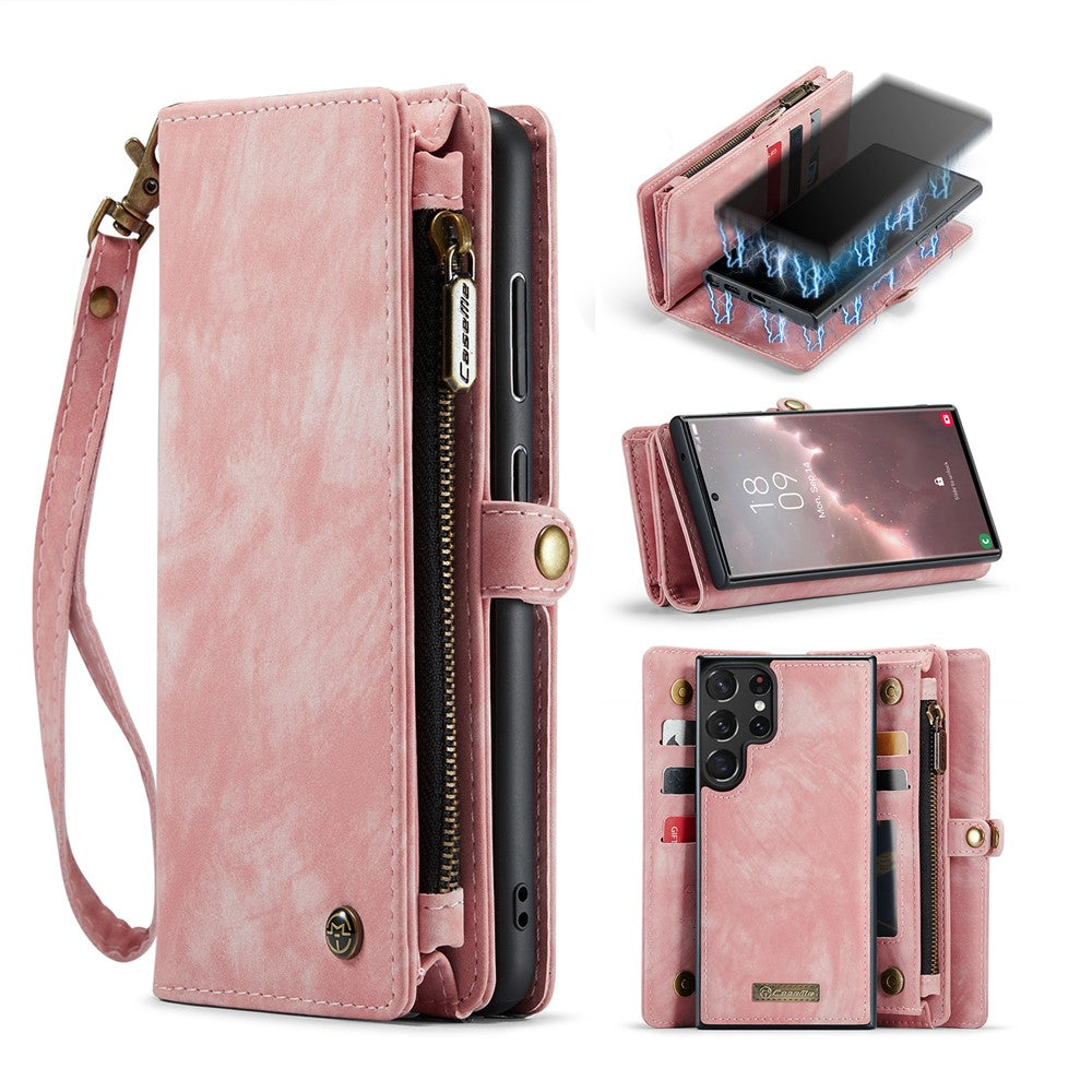 CASEME 008-serien för Samsung Galaxy S23 Ultra multifunktionellt PU-läder justerbart stativ fällbart fodral avtagbart magnetiskt dragkedja plånboksfodral