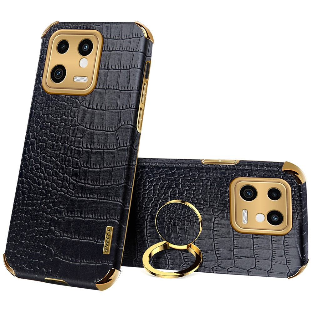 For Xiaomi 13 5G Ring Kickstand Electroplating Phone Case Bump Proof Crocodile Texture PU Leather Coated TPU Cover
