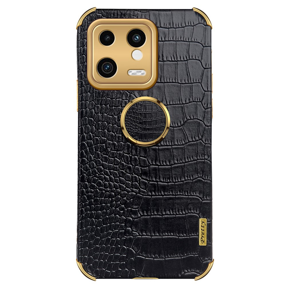 For Xiaomi 13 5G Ring Kickstand Electroplating Phone Case Bump Proof Crocodile Texture PU Leather Coated TPU Cover