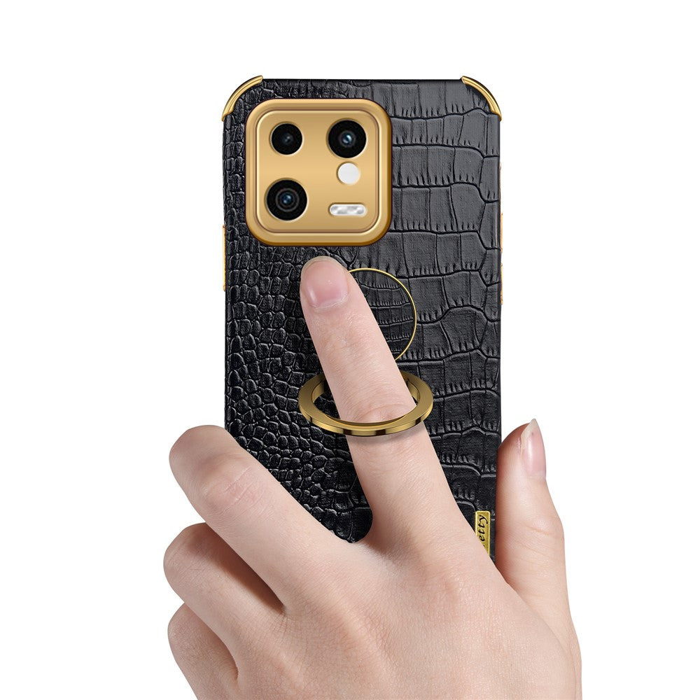 For Xiaomi 13 5G Ring Kickstand Electroplating Phone Case Bump Proof Crocodile Texture PU Leather Coated TPU Cover