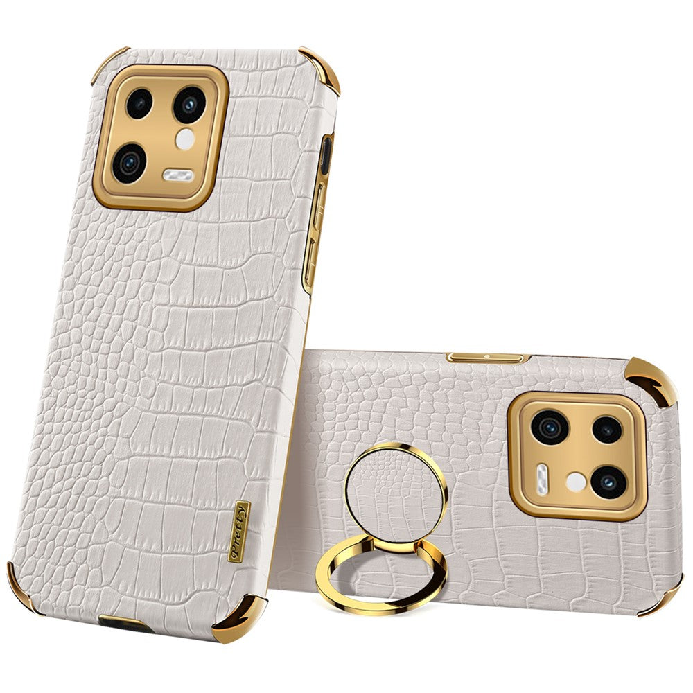 For Xiaomi 13 5G Ring Kickstand Electroplating Phone Case Bump Proof Crocodile Texture PU Leather Coated TPU Cover