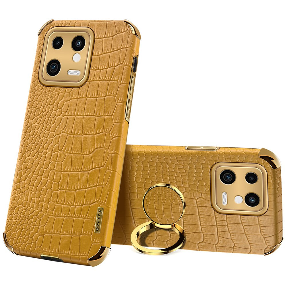 For Xiaomi 13 5G Ring Kickstand Electroplating Phone Case Bump Proof Crocodile Texture PU Leather Coated TPU Cover