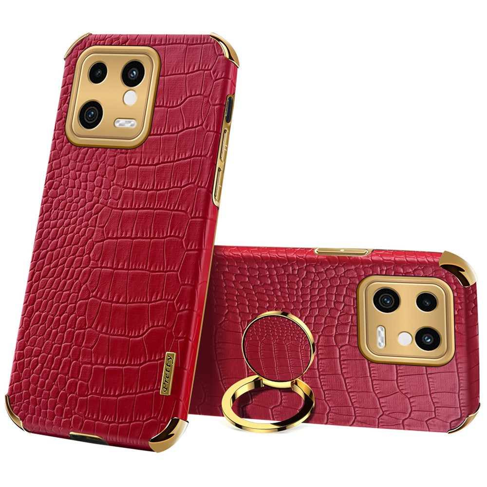 For Xiaomi 13 5G Ring Kickstand Electroplating Phone Case Bump Proof Crocodile Texture PU Leather Coated TPU Cover