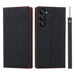 Samsung Galaxy S23 Stötsäkert Litchi Texture Phone Case Flip Äkta Läder Plånboksfodral mobilskydd med Handrem