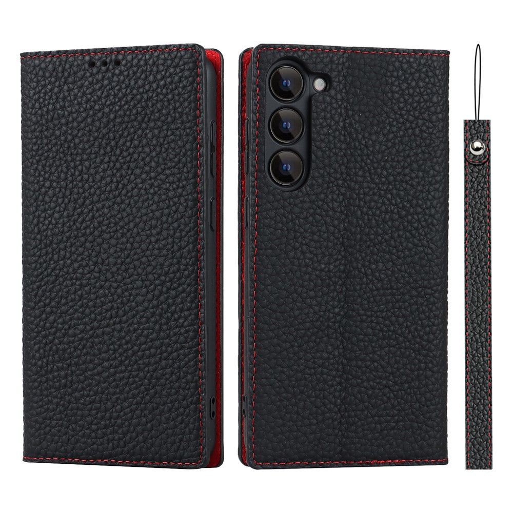 Samsung Galaxy S23 Stötsäkert Litchi Texture Phone Case Flip Äkta Läder Plånboksfodral mobilskydd med Handrem