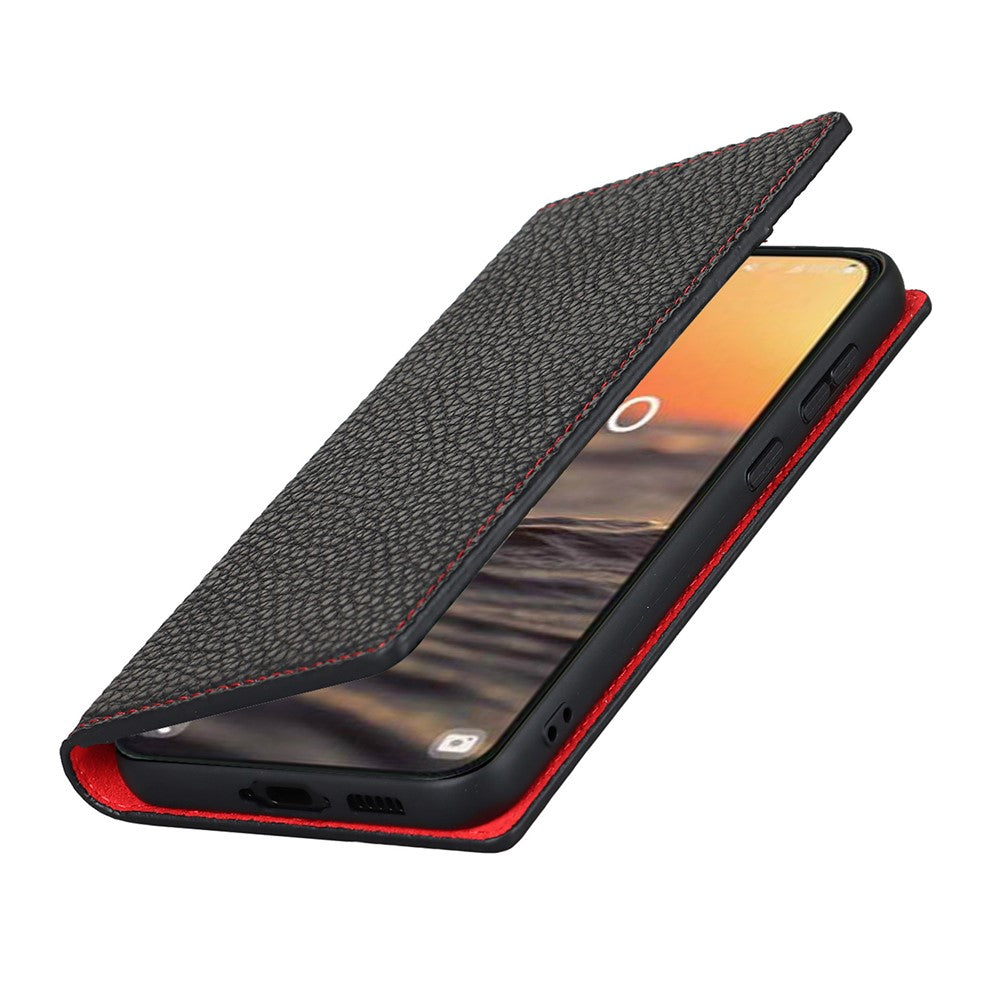 Samsung Galaxy S23 Stötsäkert Litchi Texture Phone Case Flip Äkta Läder Plånboksfodral mobilskydd med Handrem