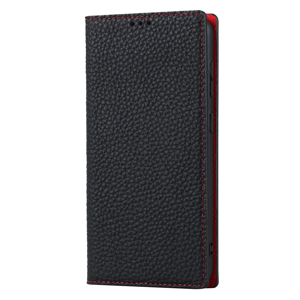 Samsung Galaxy S23 Stötsäkert Litchi Texture Phone Case Flip Äkta Läder Plånboksfodral mobilskydd med Handrem