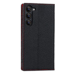 Samsung Galaxy S23 Stötsäkert Litchi Texture Phone Case Flip Äkta Läder Plånboksfodral mobilskydd med Handrem